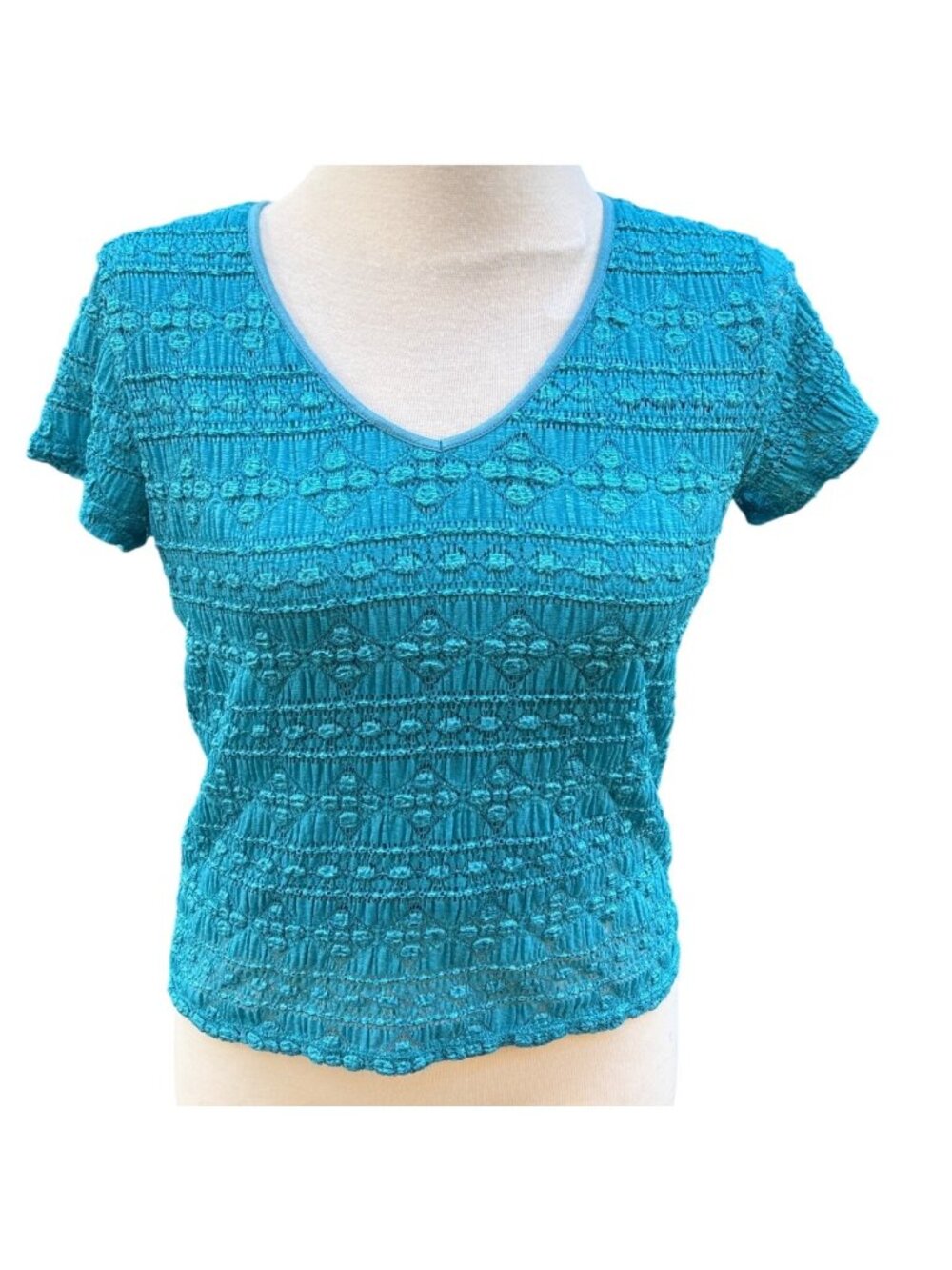 Teal V-Neck Short Sleeve Top Medium Stretch Lace Layered Light Vintage